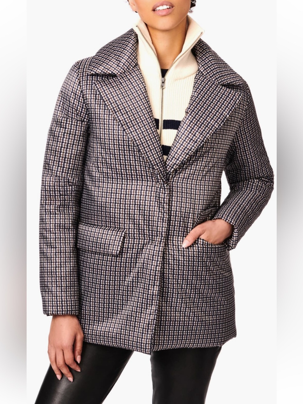 Bernardo Houndstooth Recycled Polyester Puffer Blazer in Blackbrown Size XL NWT